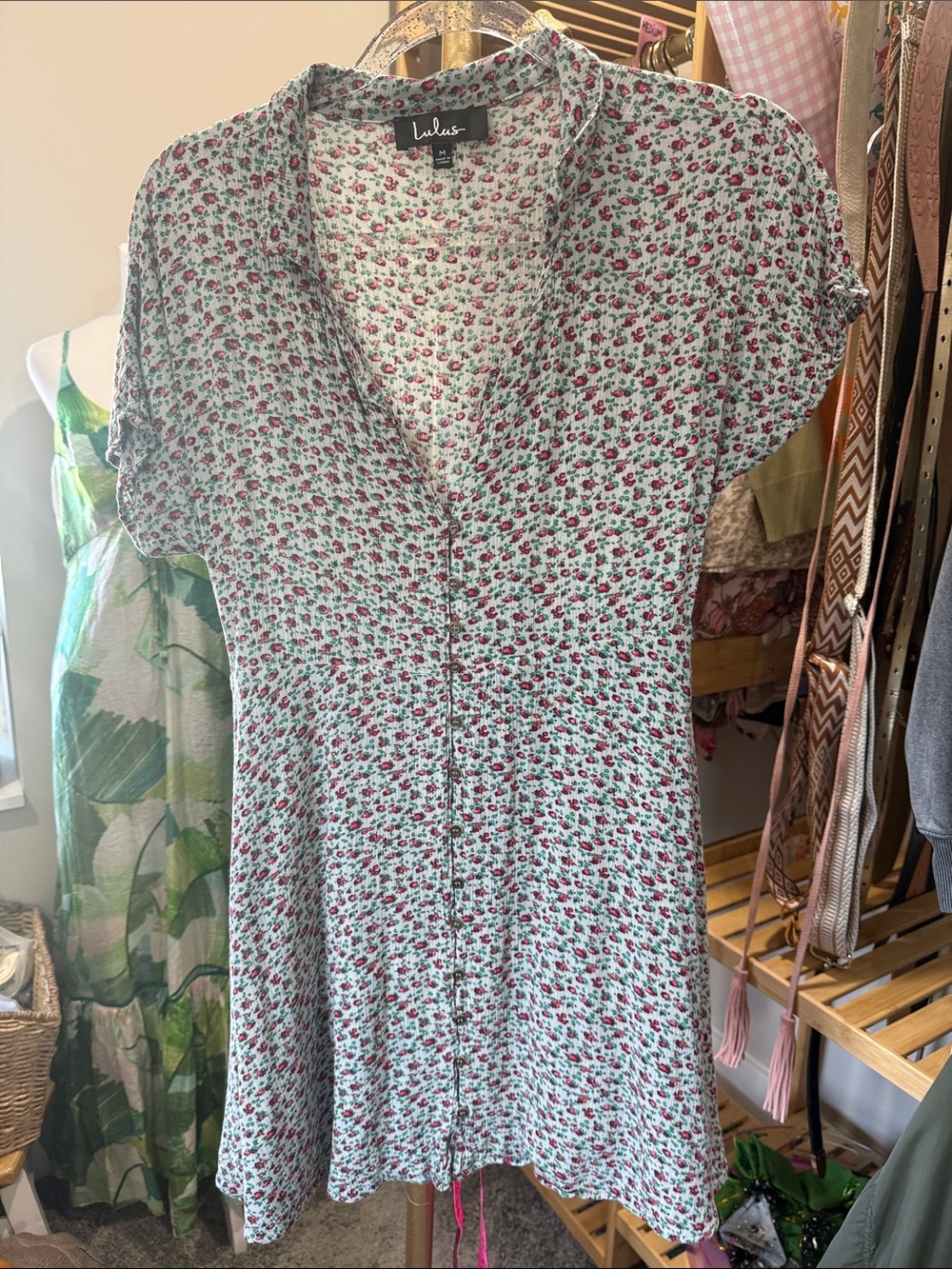Lulu's Mint Floral Button-Up Short Sleeve Dress medium tie back - Picture 2 of 6